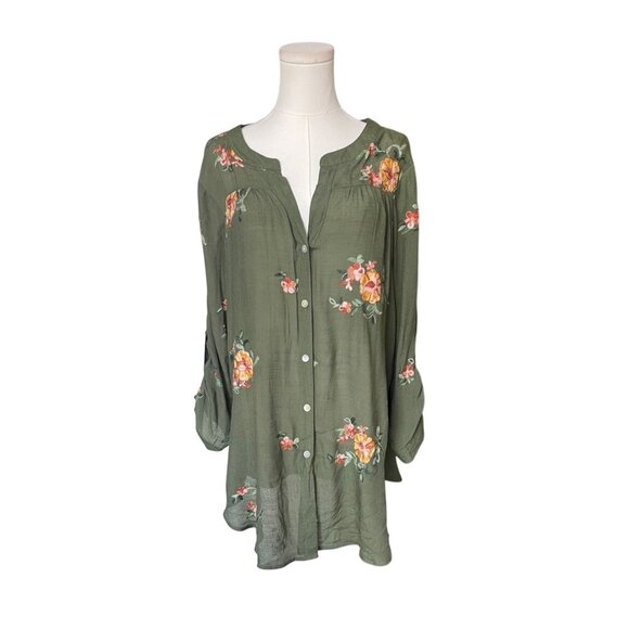 Fig and Flower Embroidered Boho Long Sleeve Button Down Top Size 1X Floral - Picture 1 of 9